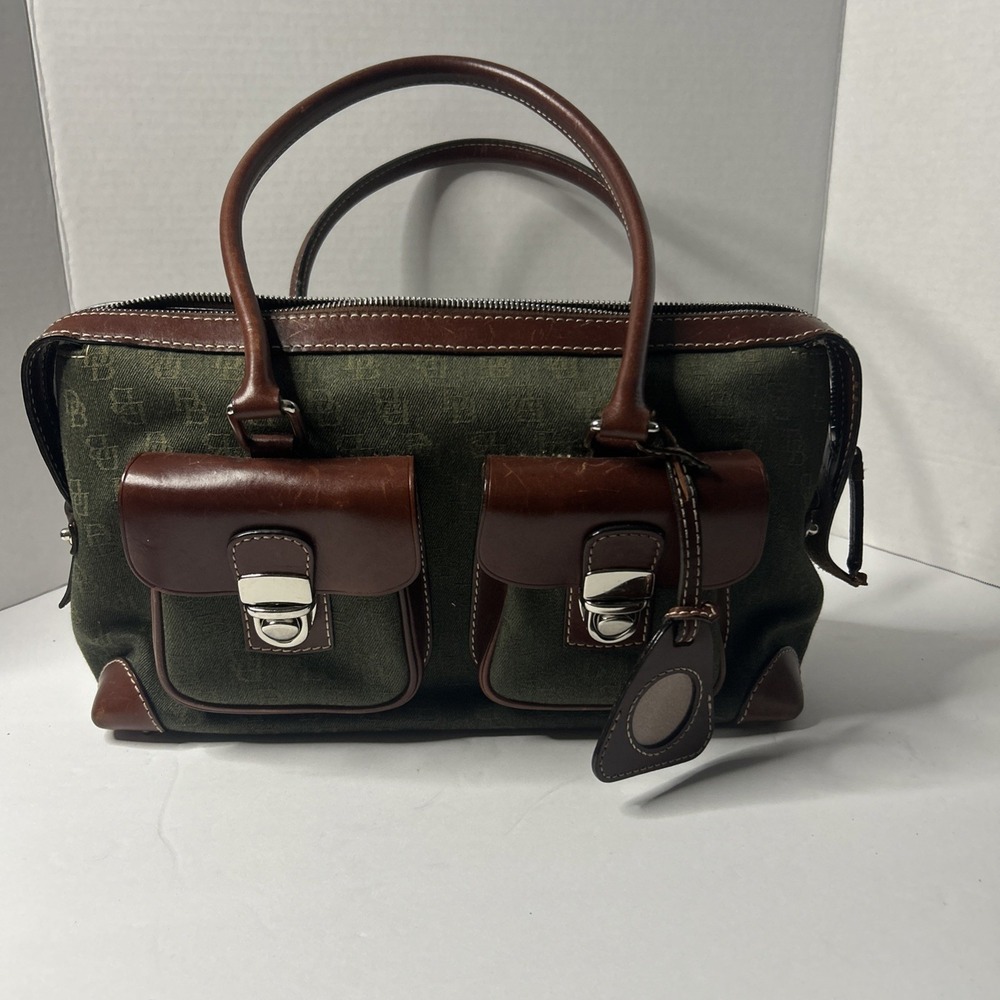 Dooney & Bourke Vge Handbag Canvas & Leather Hunter Green Dark Leather Accents